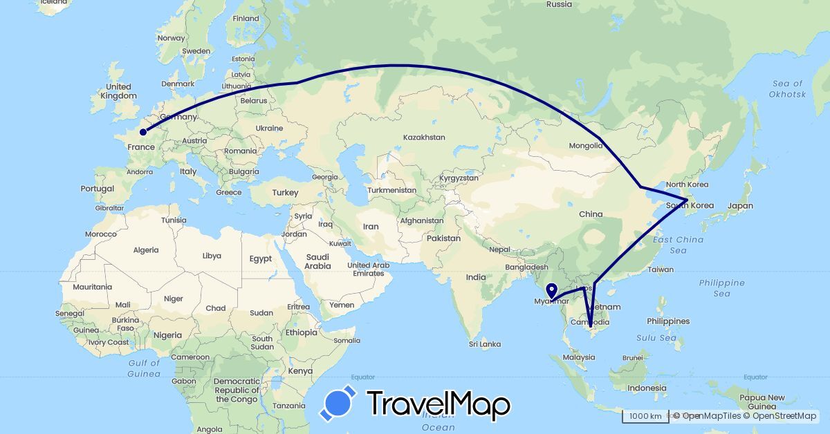 TravelMap itinerary: driving in China, France, Cambodia, South Korea, Laos, Myanmar (Burma), Mongolia, Russia, Thailand, Vietnam (Asia, Europe)